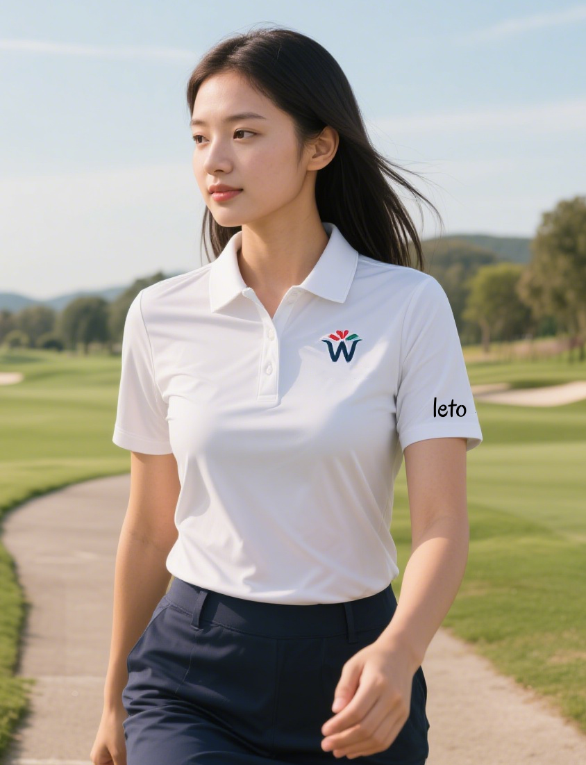 A golfer wearing sleek, modern corporate golf apparel made from sustainable materials, showcasing innovation and style on a scenic course.