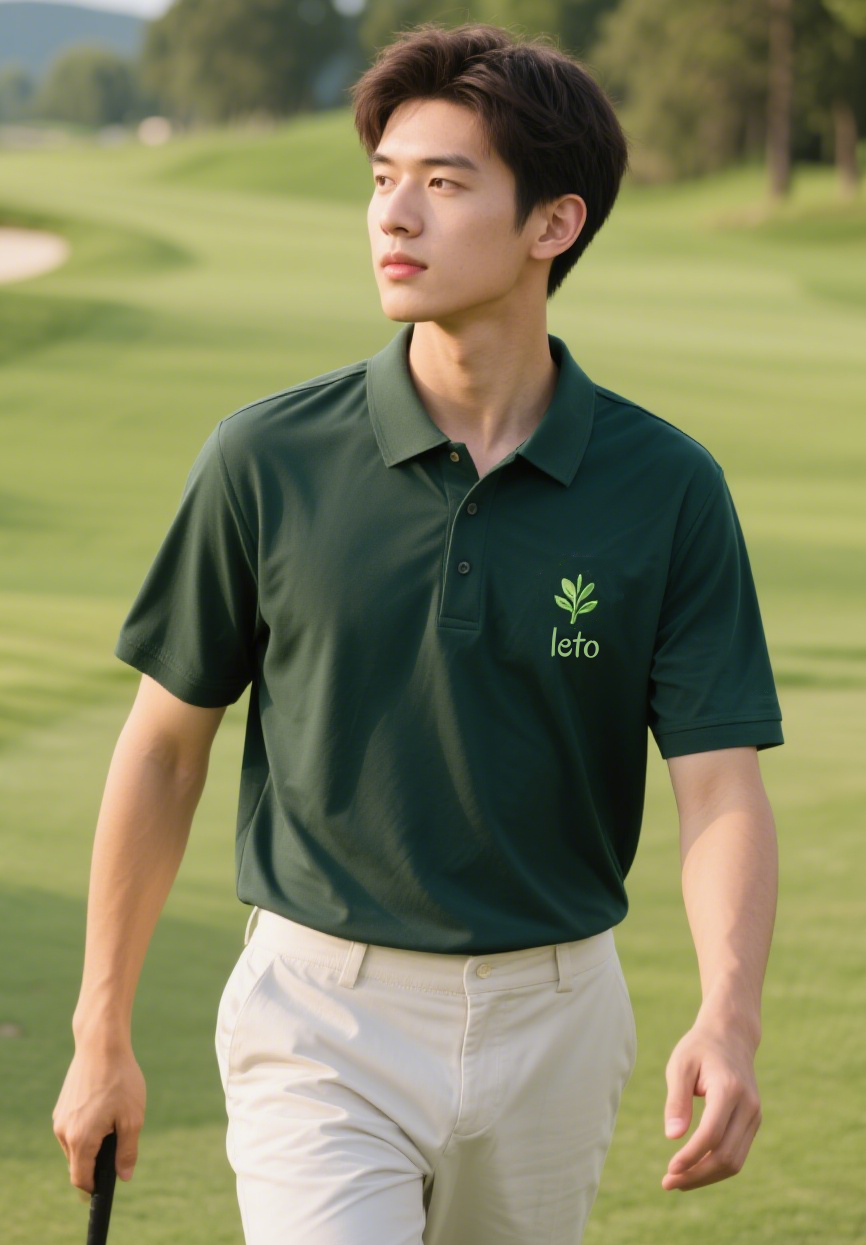 A golfer wearing eco-friendly, sustainable golf apparel, including a performance polo and pants made from recycled materials, with a lush golf course in the background.