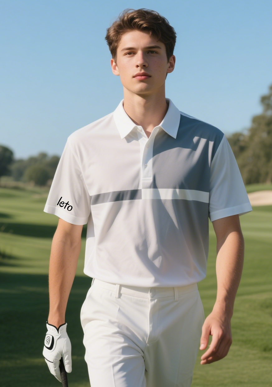A dynamic workspace with golf apparel prototypes, creative sketches, and vibrant fabric samples, capturing the essence of a new era for golf apparel startups