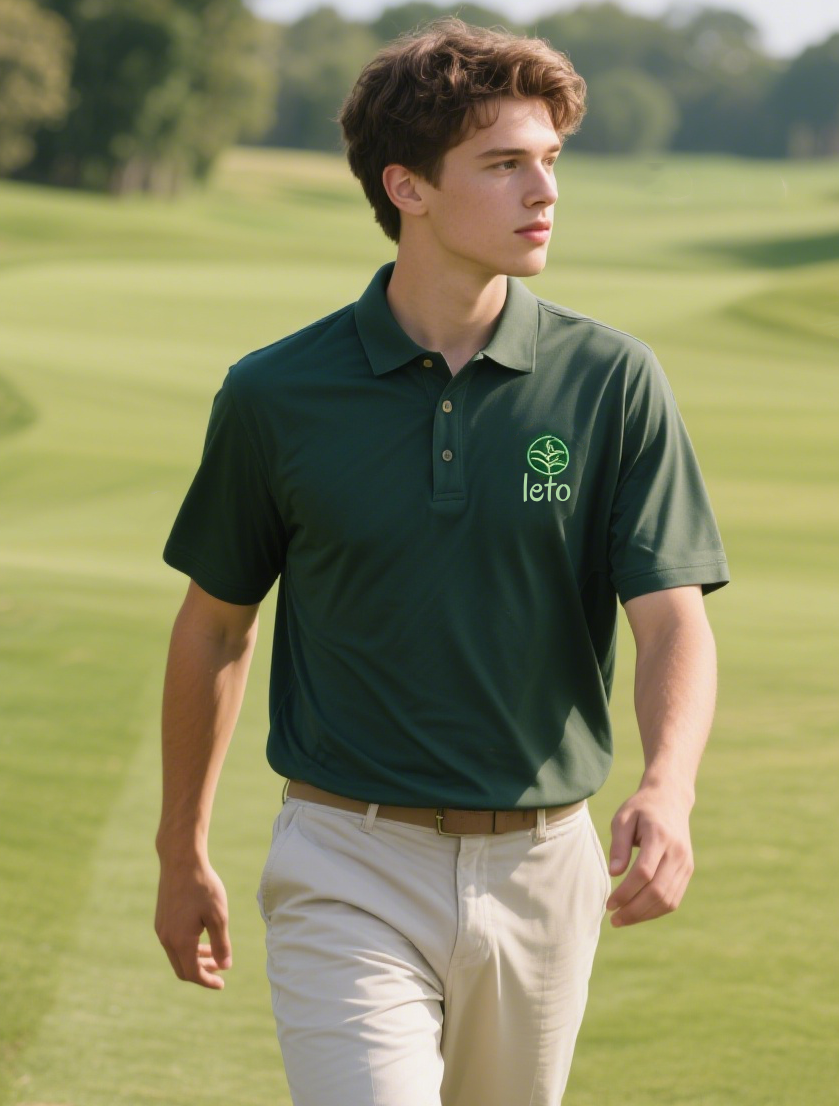 A collection of organic cotton golf shirts in natural, earthy tones, displayed on a golf course surrounded by lush greenery to highlight eco-friendliness.