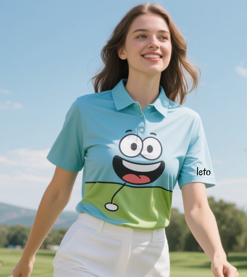A group of professionals on a golf course wearing funny corporate golf shirts that say, "Our Business is Serious, Our Golf Game Isn’t," laughing and enjoying the game.