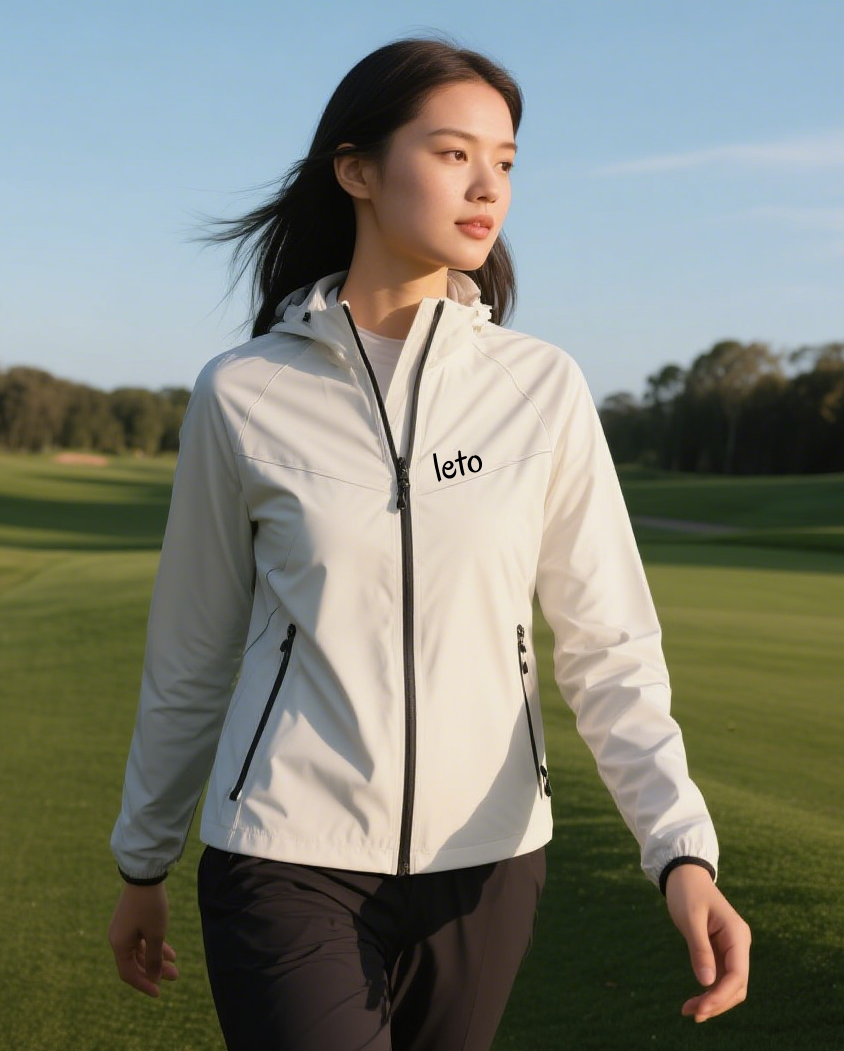A golfer wearing a sleek, eco-friendly polo shirt made from sustainable materials, standing confidently on a lush green golf course under a bright blue sky