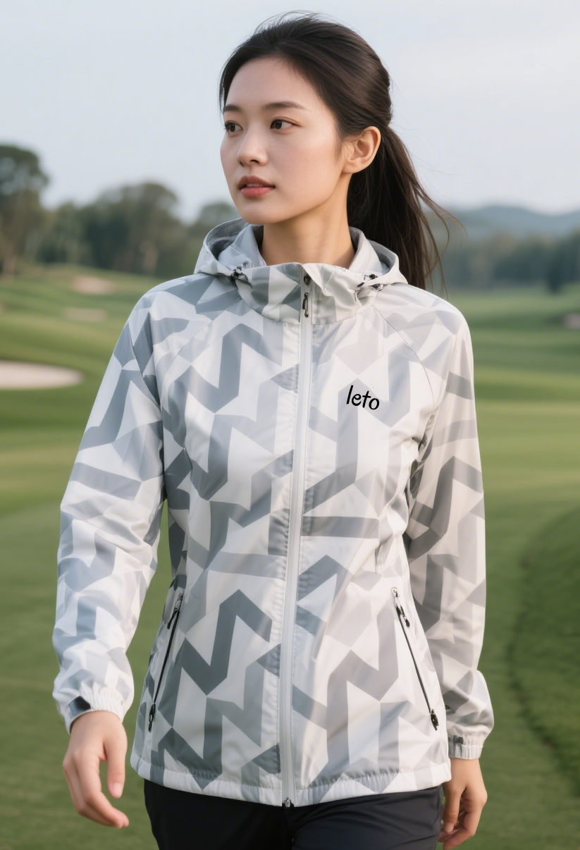 A golfer wearing a modern, lightweight windproof jacket, swinging confidently on a windy golf course with trees swaying in the background.