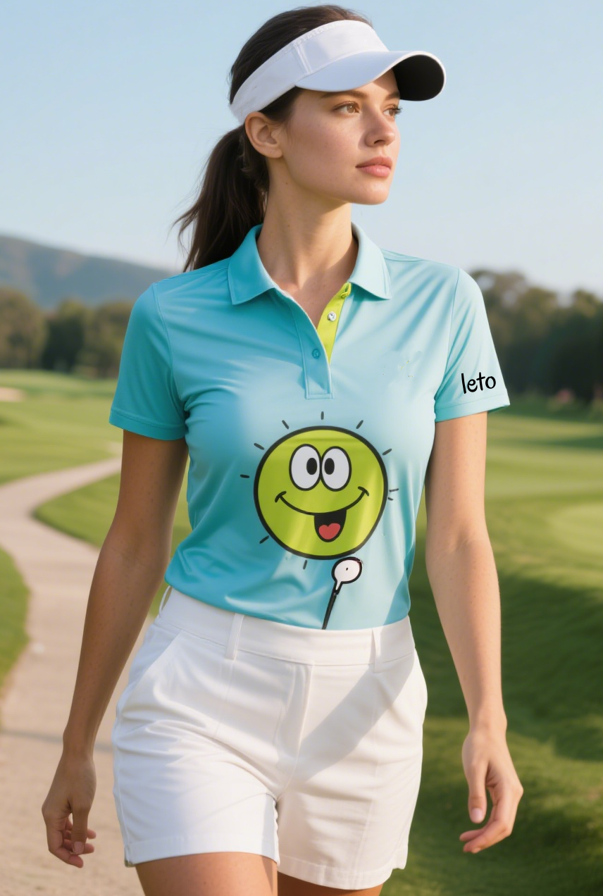 A stylish woman golfer wearing a cute and trendy outfit, including a chic skort and a vibrant polo, perfect for comfort and style on the golf course.