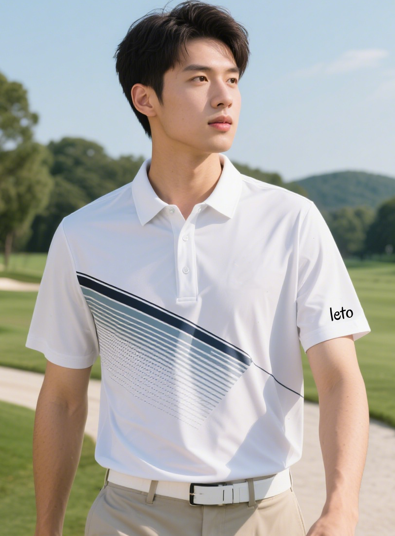 A golfer wearing a sleek polo shirt made from recycled materials, standing on a green golf course with sustainability symbols in the background.