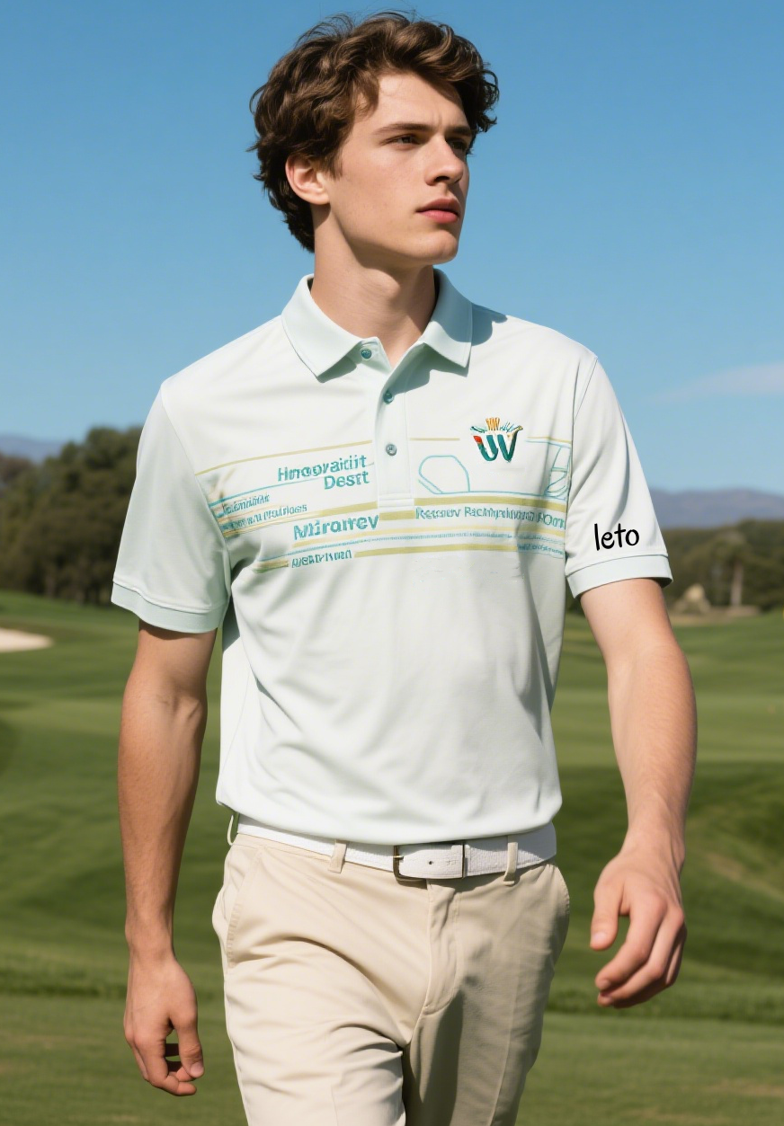 A team of country club staff dressed in stylish, matching uniforms, with a scenic golf course and clubhouse in the background.