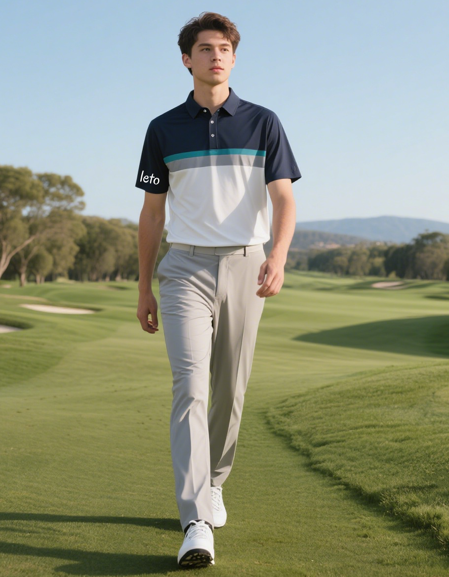 A modern golf apparel store showcasing trendy, sustainable designs, and a business owner reviewing future market trends to stay competitive.