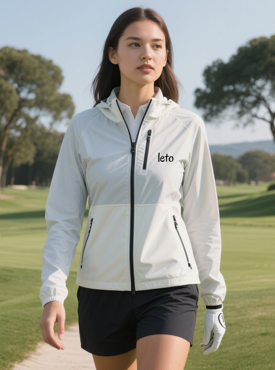 A golfer wearing a sleek, weather-resistant golf jacket, standing on a scenic course prepared for cold and windy conditions.