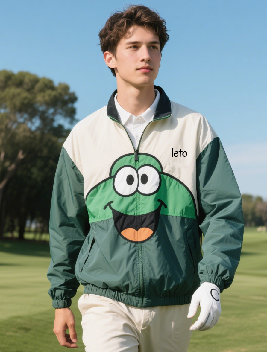 A country club staff member wearing a modern, insulated uniform with a tailored fit, standing confidently on a frosty golf course with snow-dusted trees in the background.