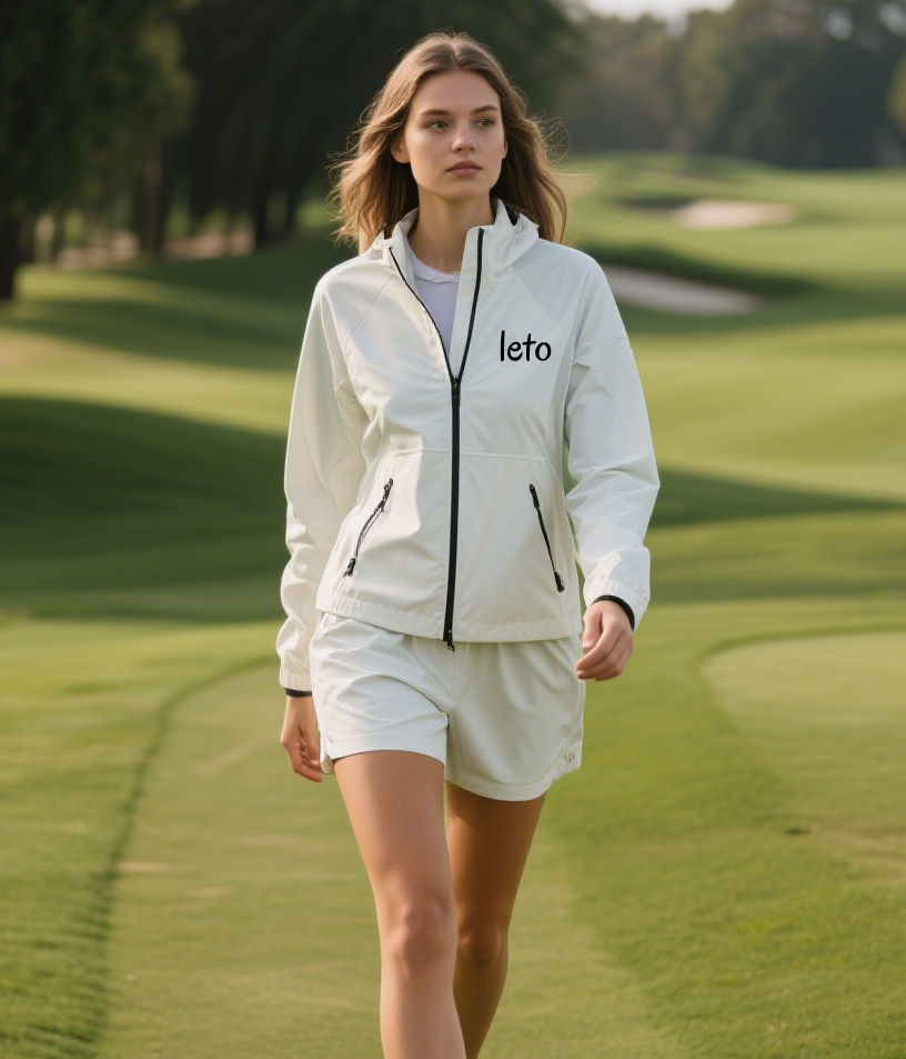 A golfer wearing eco-friendly, innovative golf apparel, made with sustainable materials, while teeing off on a scenic, nature-filled course.