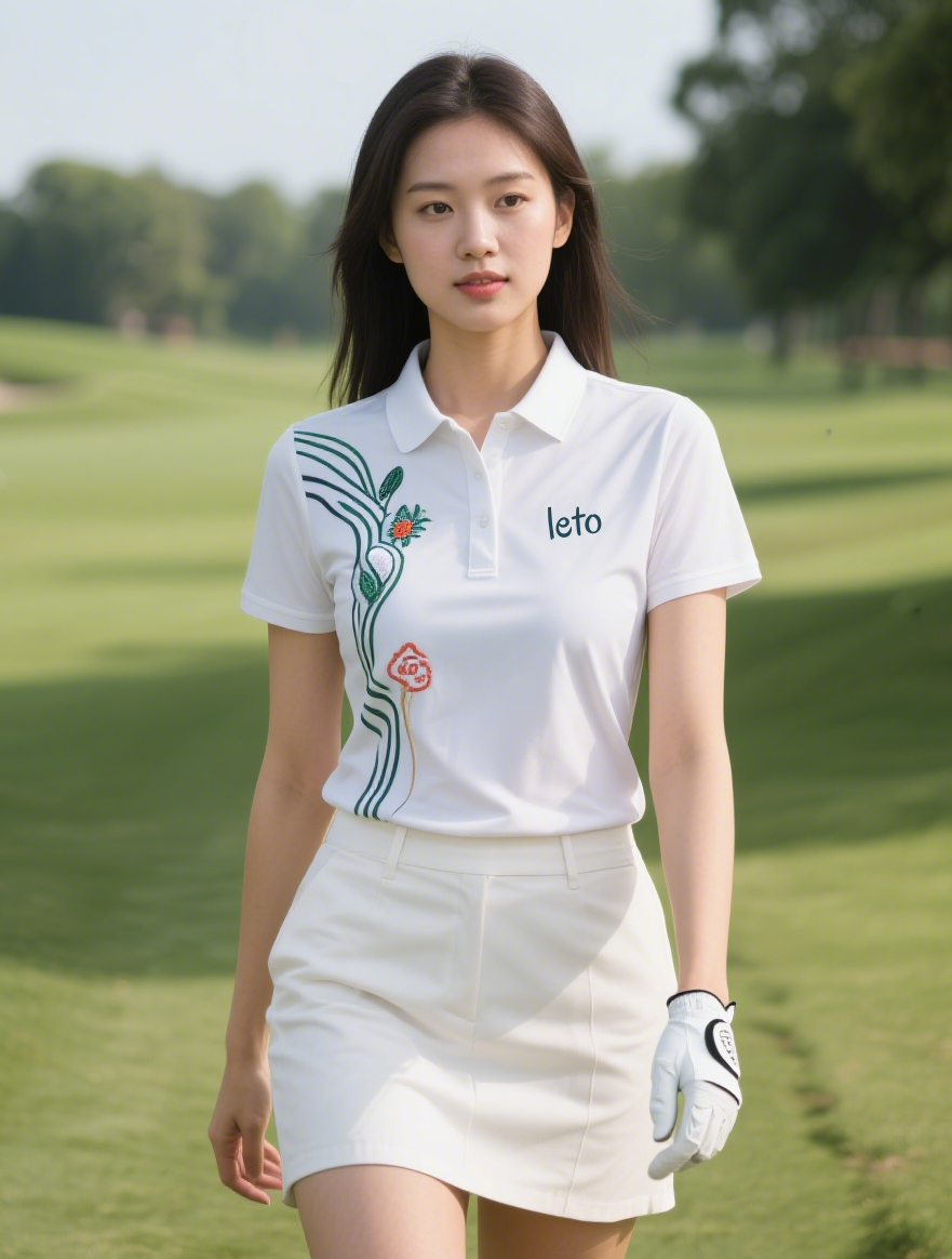 A team of country club staff dressed in stylish, matching uniforms, with a scenic golf course and clubhouse in the background.