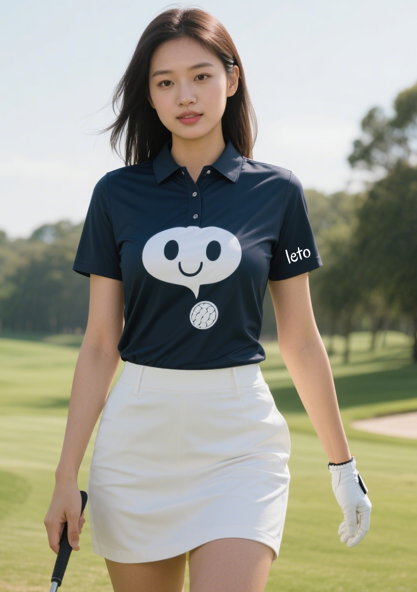 A golfer wearing a bright, quirky golf shirt with bold patterns, paired with eccentric accessories, standing confidently on the green.