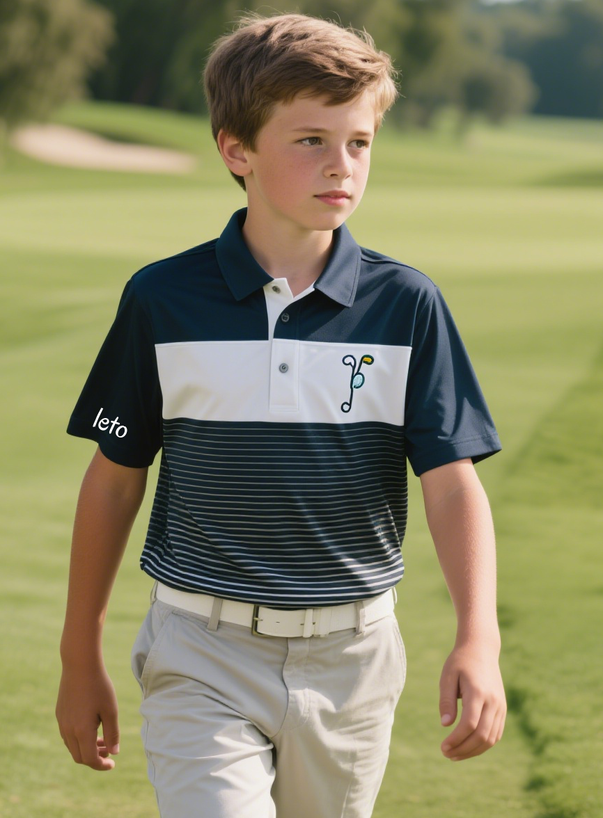 A young golfer wearing a stylish and vibrant golf shirt, confidently preparing to take a swing on the green, showcasing both comfort and style.
