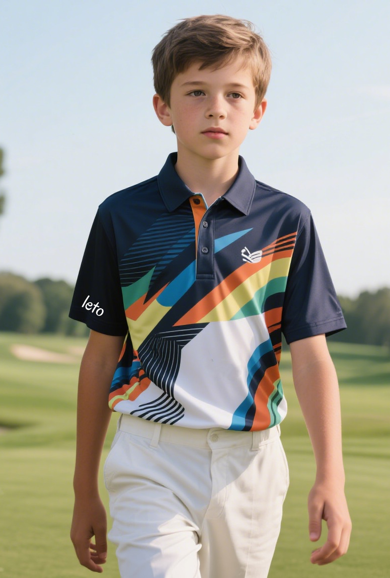 A young golfer smiling and swinging confidently while wearing comfortable, high-performance golf gear designed specifically for kids.