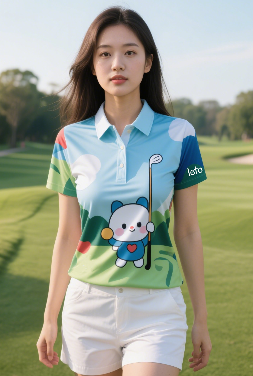A stylish woman golfer wearing a cute and trendy outfit, including a chic skort and a vibrant polo, perfect for comfort and style on the golf course.