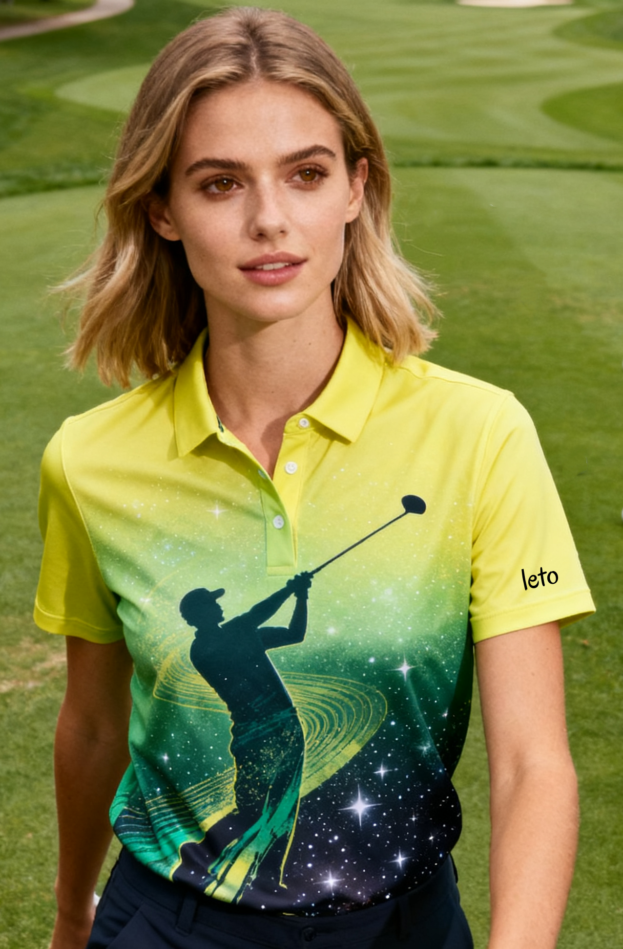 A golfer holding a polyester golf shirt near a laundry basket, emphasizing odor retention and care tips to keep the shirt fresh.