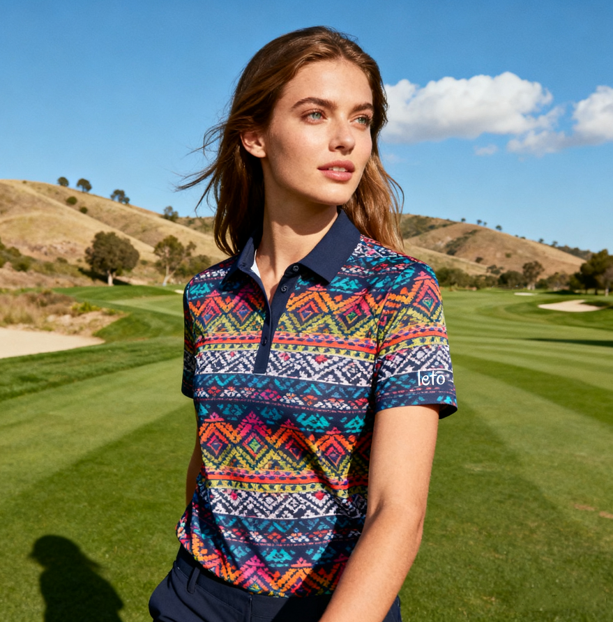 A creative workspace with fabric swatches, sketches, and a prototype golf shirt, showcasing the process of designing a standout golfwear collection.
