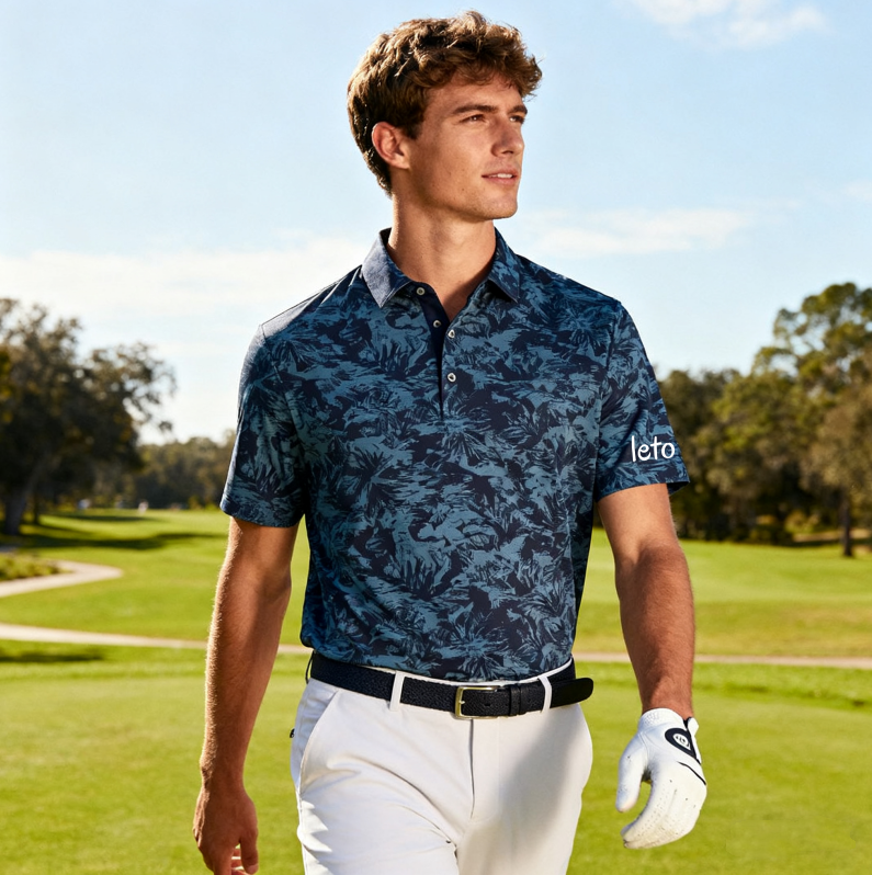 A golfer wearing a personalized golf shirt featuring a quirky, colorful design and custom text, standing proudly on the course with a big smile.