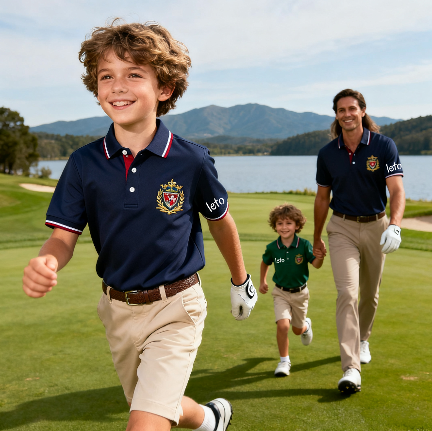 A family of golfers laughing and bonding on a golf course, wearing custom-designed golf wear with personalized logos and vibrant colors.