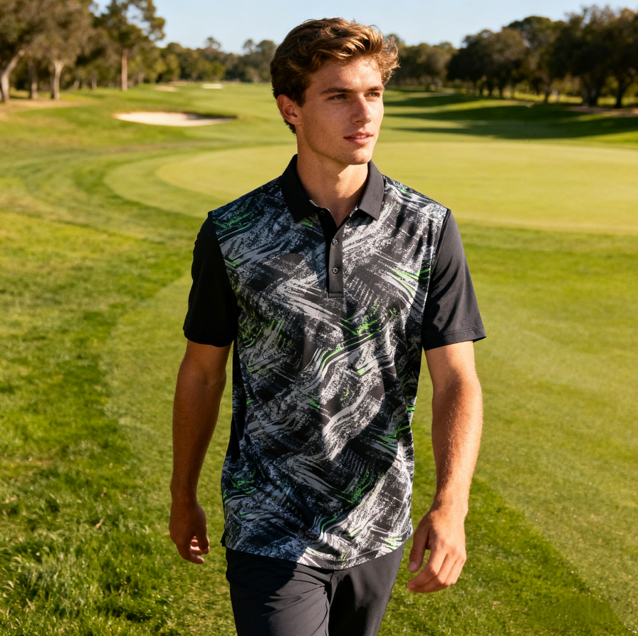 A professional golfer wearing innovative golf apparel with sleek designs, standing confidently on a green course under a bright sky.