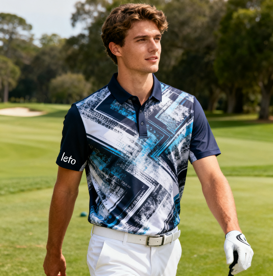 A golfer browsing a display of premium Pro Shop Apparel, featuring stylish polos and high-quality sportswear in various colors.