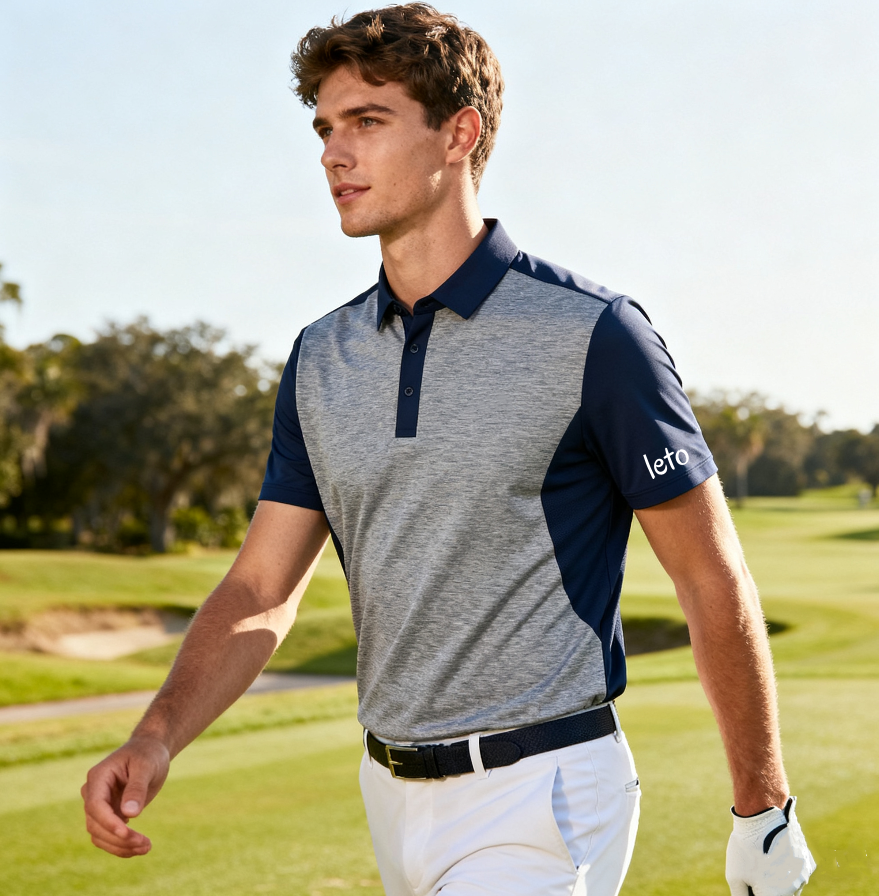 A golfer confidently strolling across the green wearing a lightweight, moisture-wicking golf polo that combines style and comfort.