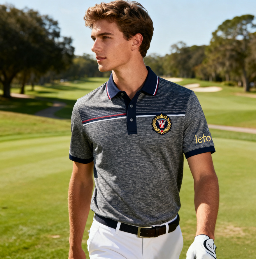 A golfer enjoying a luxurious golfing experience, wearing stylish and comfortable apparel, surrounded by a beautifully manicured golf course.