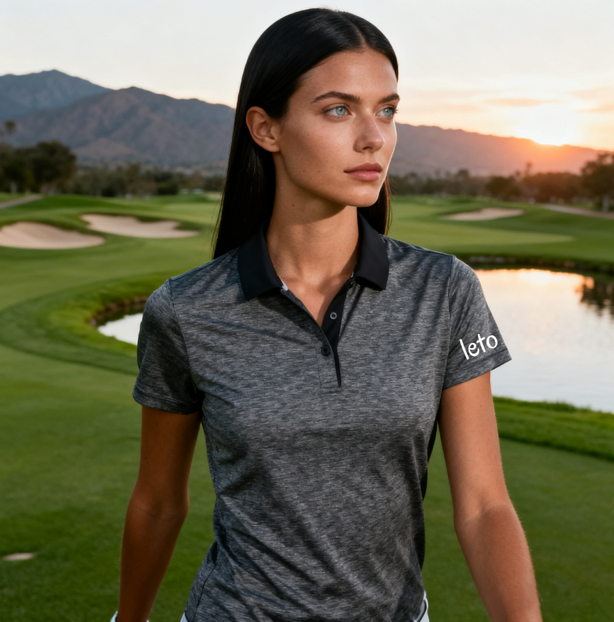 A golfer confidently strolling across the green wearing a lightweight, moisture-wicking golf polo that combines style and comfort.