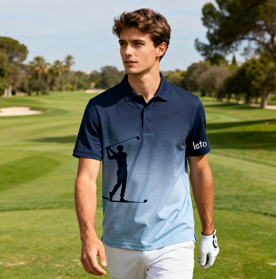 A handshake between a business professional and a designer, symbolizing a partnership, with premium golf wear designs and materials in the background