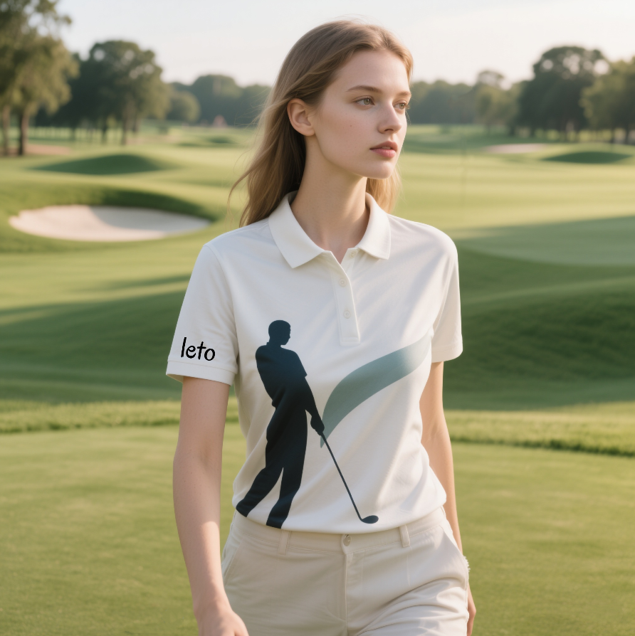 A stylish woman golfer wearing a cute and trendy outfit, including a chic skort and a vibrant polo, perfect for comfort and style on the golf course.