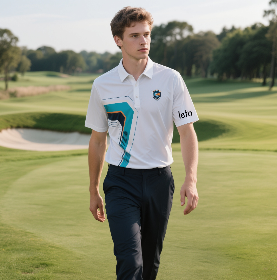 A modern country club uniform featuring a tailored blazer with bold accents, sleek golf pants, and a minimalist polo shirt, blending urban style with classic sophistication