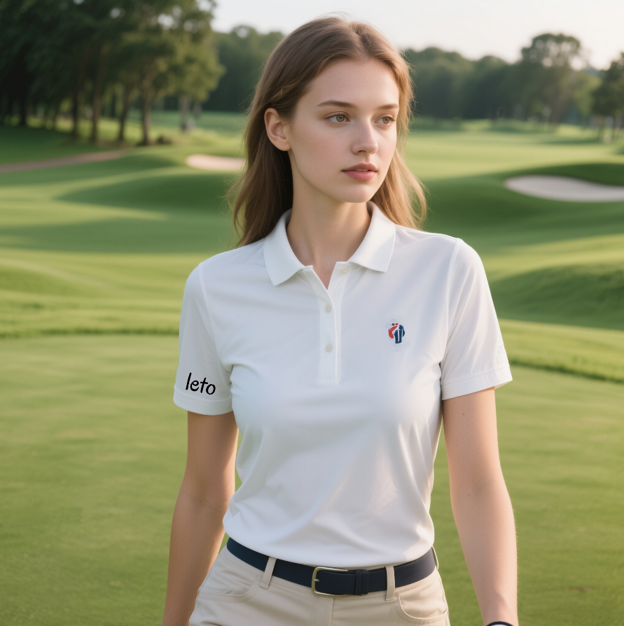 A golfer wearing eco-friendly, stylish golf apparel on a lush green course, highlighting sustainability and performance.