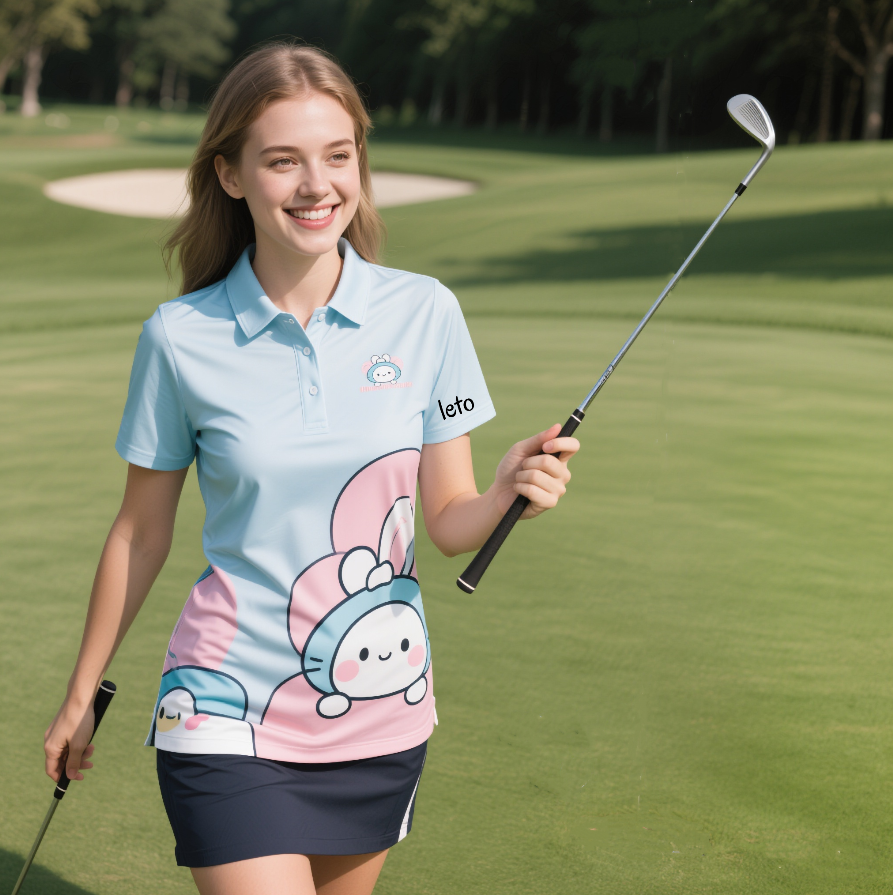 A stylish lady golfer wearing a cute golf outfit, including a chic skirt and matching top, walking confidently across a lush golf course under a sunny sky.