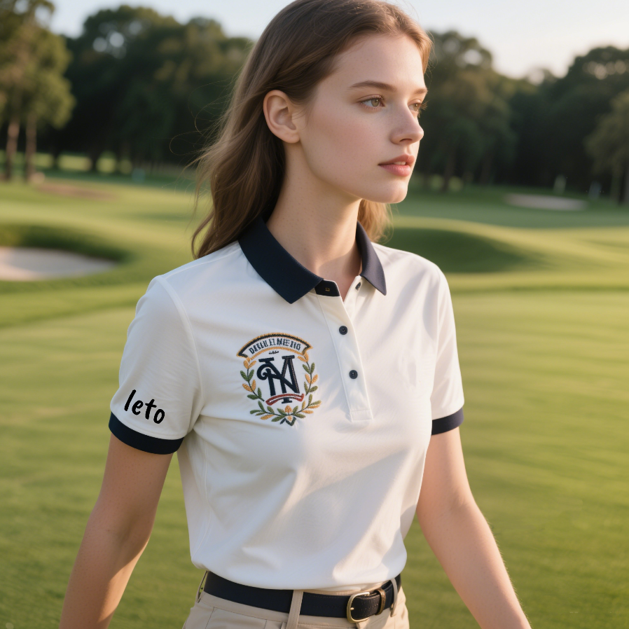 A confident female golfer wearing a stylish and fitted golf outfit, standing on a pristine course with her club in hand.