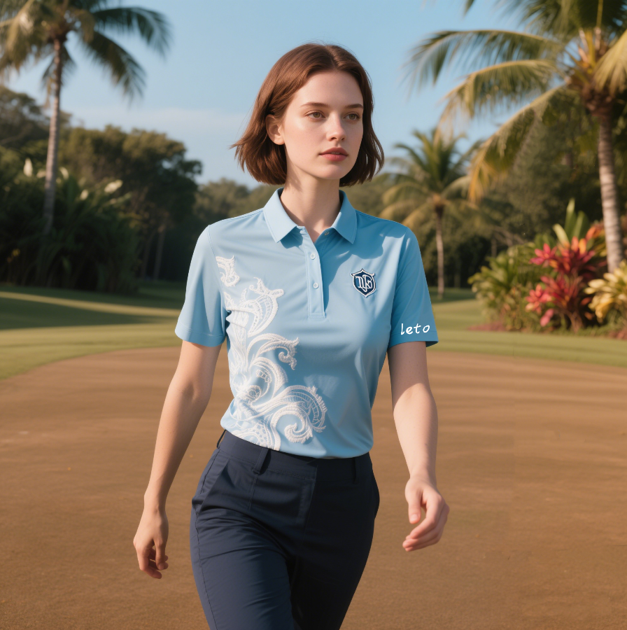 A stylish and modern country club uniform featuring tailored polos and elegant skorts, designed for both comfort and luxury.