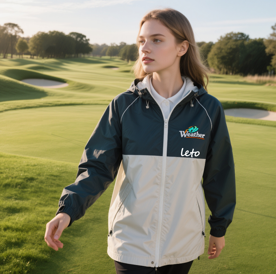 A display of premium golf clothing solutions, including polos, jackets, and pants, designed for style, comfort, and performance on the golf course.