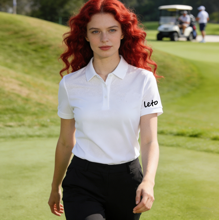A golfer wearing a sleek, eco-friendly polo shirt made from sustainable materials, standing confidently on a lush green golf course under a bright blue sky