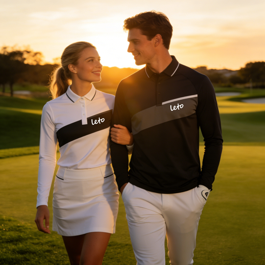 Eco-friendly couples golf outfits featuring matching designs made from sustainable fabrics, perfect for stylish and environmentally-conscious golfers