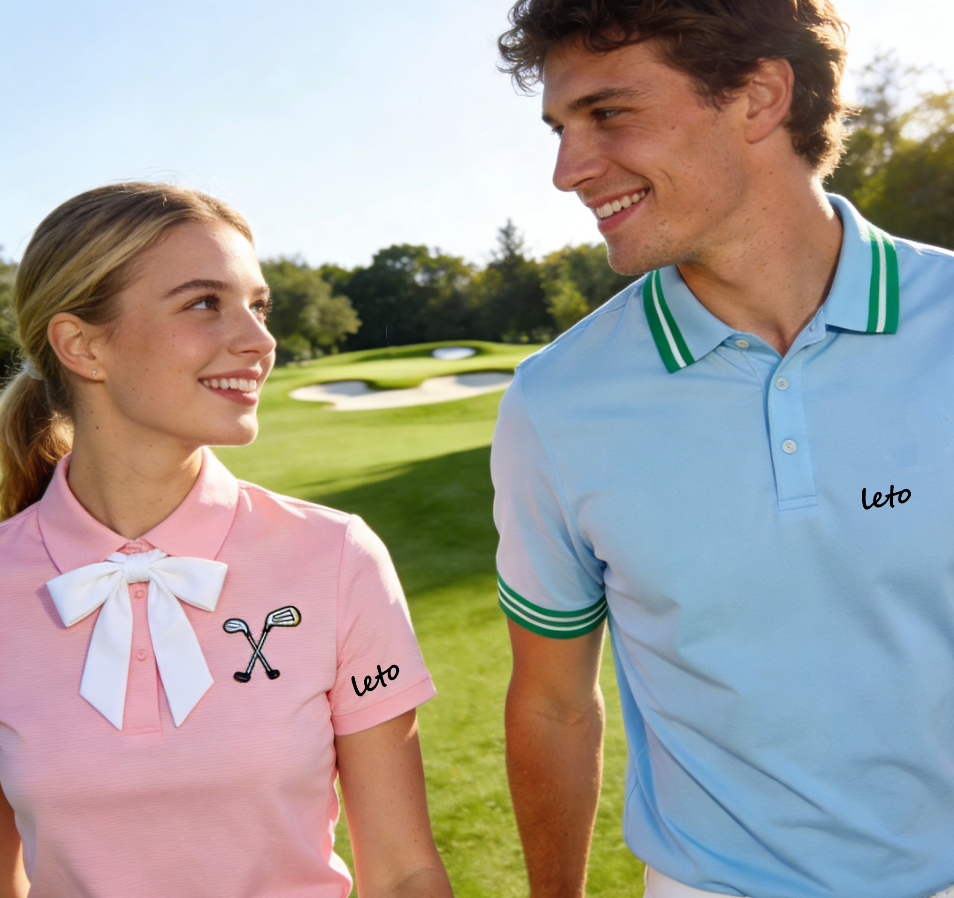 Couples matching golf shirts featuring stylish designs and high-performance features like moisture-wicking and UV protection.